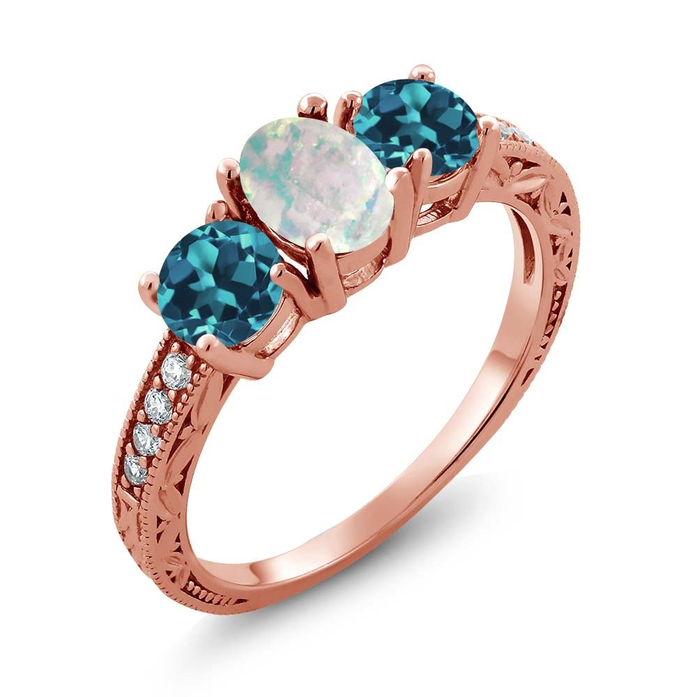 1.75 Ct Oval White Simulated Opal & London Blue Topaz Ring - 18K Rose Gold Plated Sterling Silver - Gem Stone King - Perfect for Engagement, Anniversary & Gift Giving