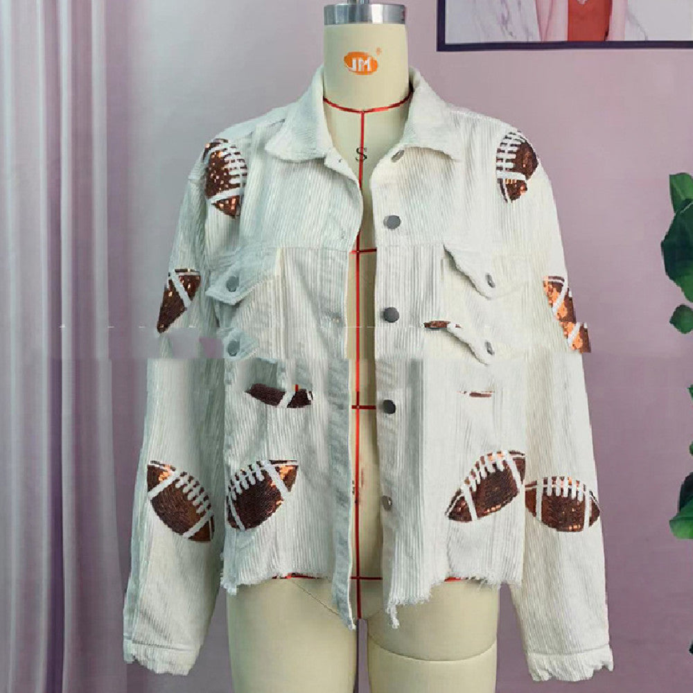Stylish Women's Corduroy Rugby Print Baseball Jacket - Warm Autumn Winter Fashion Outerwear for Casual Wear & Outdoor Activities