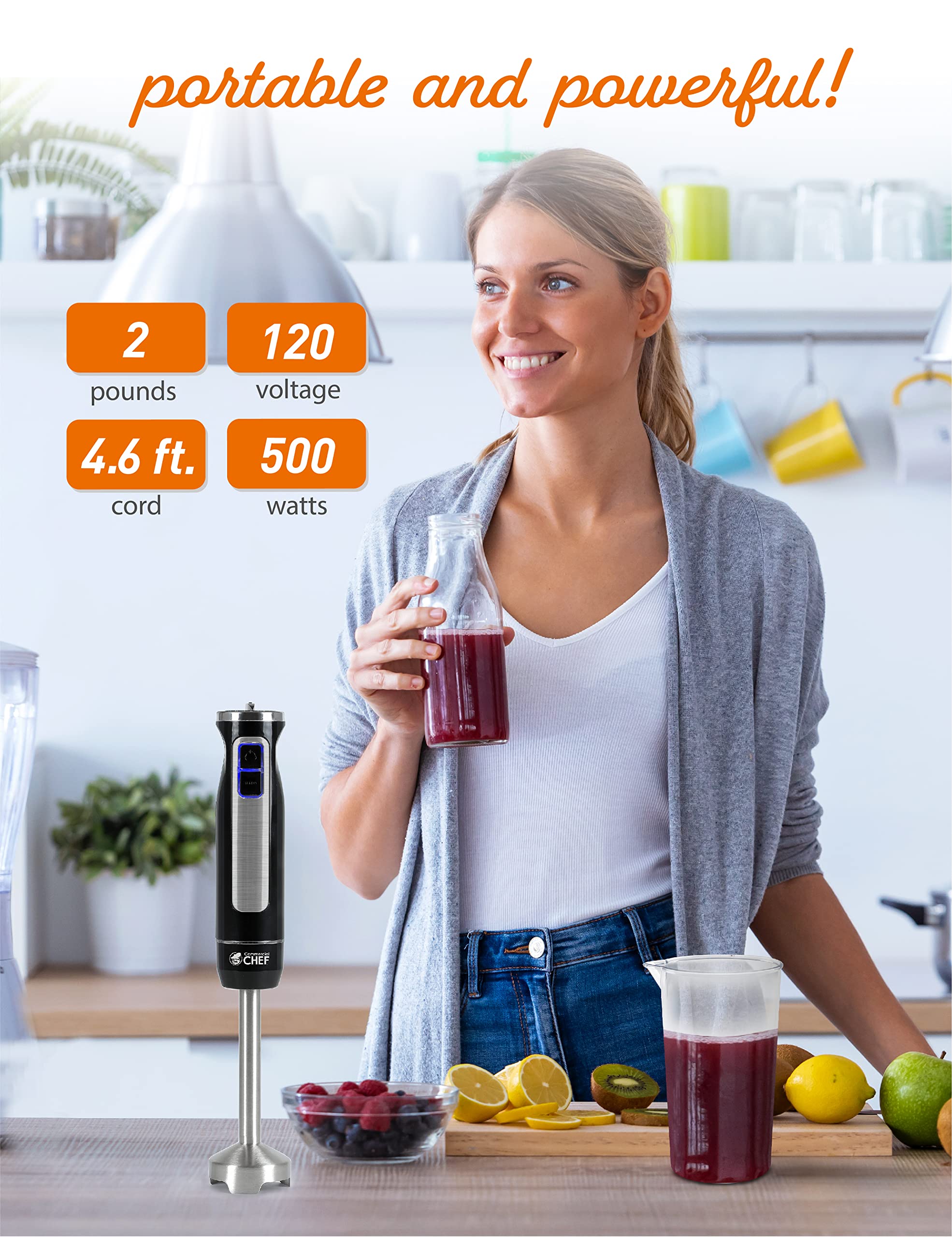 Commercial Chef Immersion Blender - 8-Speed Stainless Steel Hand Blender for Smoothies, Soups & Baking | Multi-Purpose Handheld Mixer for Kitchen, Restaurant & Catering Use