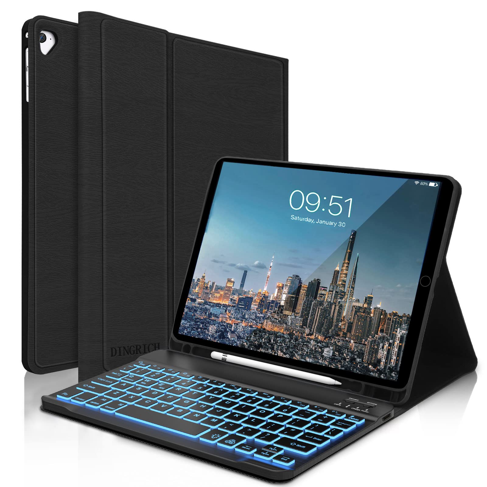 D DINGRICH iPad 9.7 Case with Bluetooth Keyboard - Compatible with iPad 6th Gen (2018), 5th Gen (2017), Air 2/Air & iPad Pro 9.7 - Detachable Backlit Keyboard Case with Pencil Holder & Auto Sleep/Wake - Perfect for Work, Study & Travel (Black)