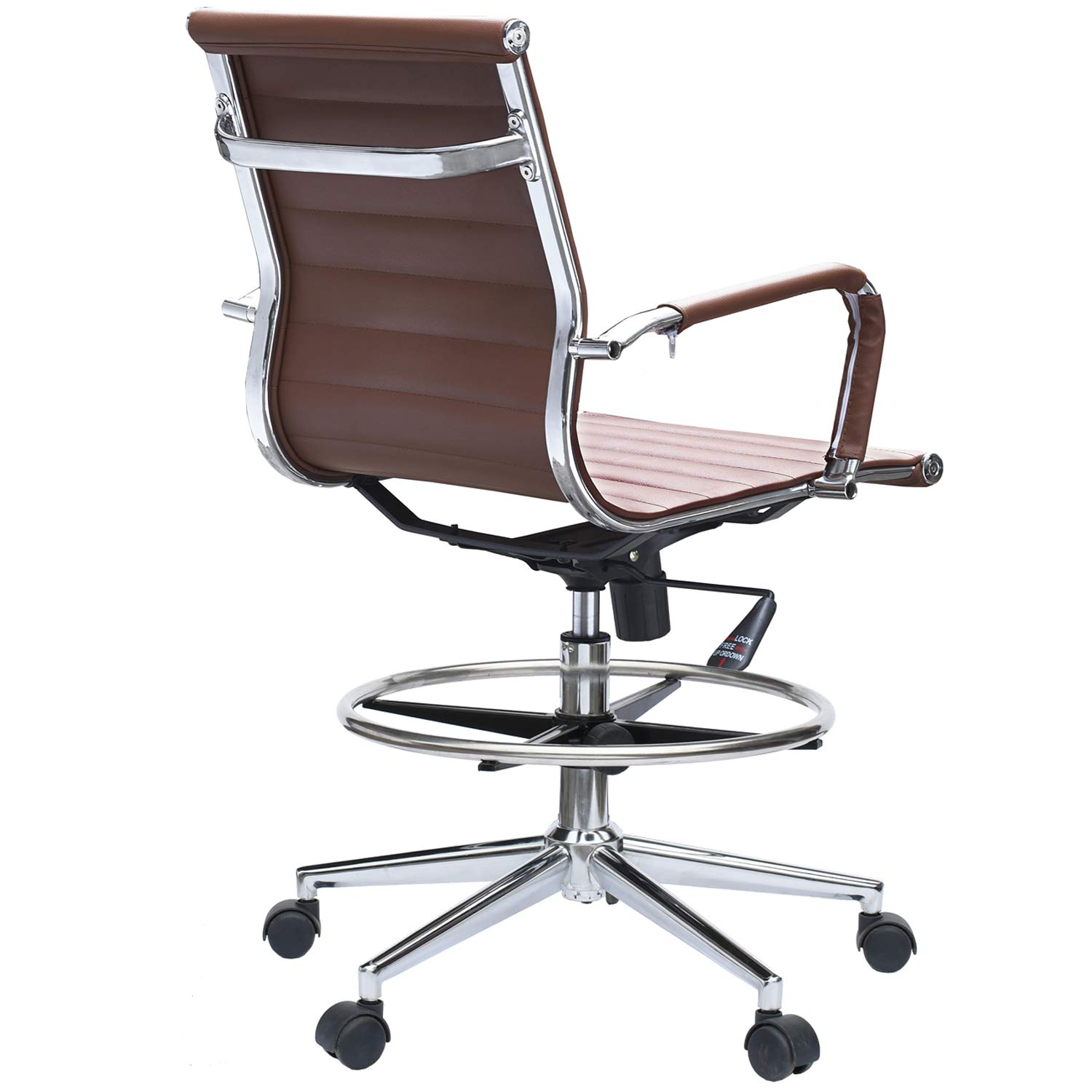 2xhome Modern Ergonomic PU Leather Mid Back Office Chair with Chrome Armrests, Footrest & Tilt Function - Rolling Swivel Chair for Home Office, Drafting Desk & Computer Workstation (Brown)