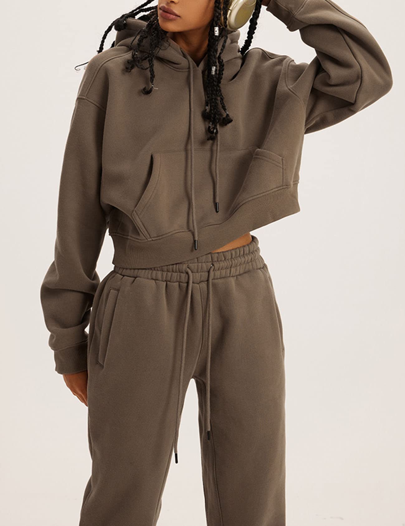 CozyPoins Women's Fleece 2-Piece Sweatsuit Set - Soft Crop Top & Jogger Pants with Hoodie | Comfy Lounge Wear for Home, Gym & Outdoor Activities