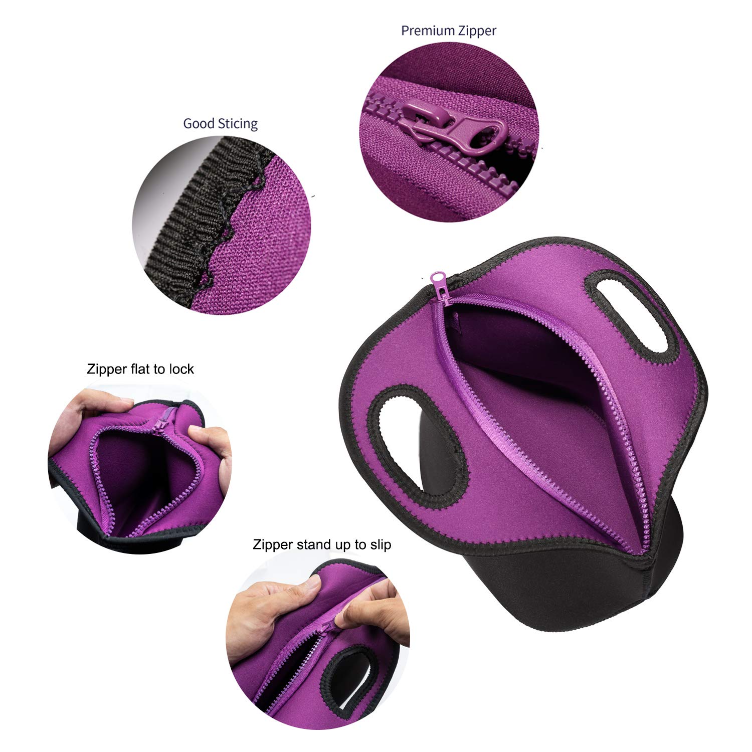 FUNLAVIE Insulated Neoprene Lunch Bag for Men & Women - 4mm Black Zipper Tote for Work, School, Picnics & Outdoor Activities