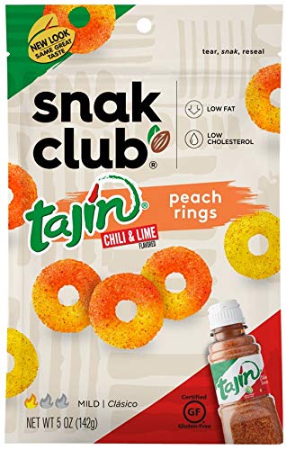Snak Club Tajin Seasoned Candy Peach Rings - 5oz Resealable Bag of Sweet & Spicy Mexican Treats - Perfect for Parties, Snacking & Movie Nights