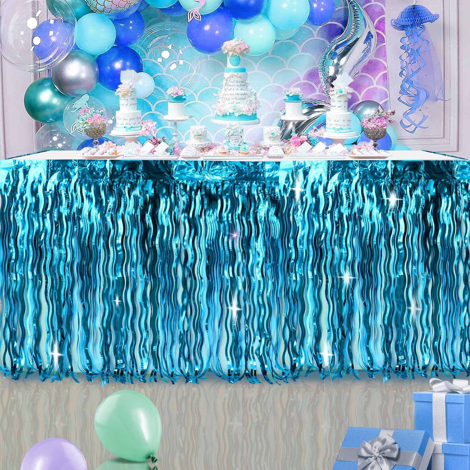 2 Pack Blue Wavy Foil Fringe Table Skirt - Under The Sea Party Decorations for Summer Beach, Mermaid Birthday & Ocean Baby Shark Theme Parties (X-Large, MG183) | Perfect for Kids Birthday Decor, Baby Showers & Poolside Celebrations