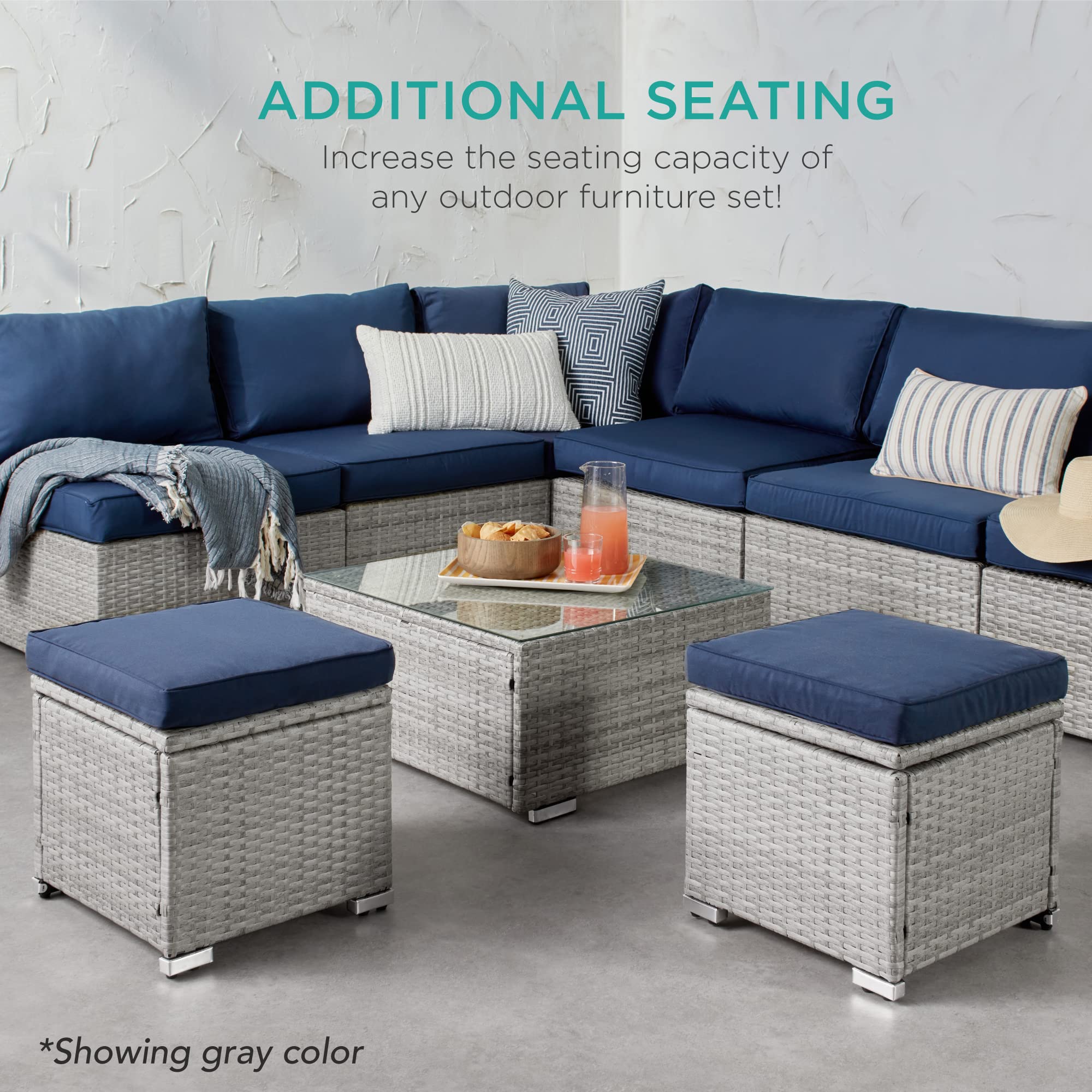 Best Choice Products Set of 2 Wicker Storage Ottomans - Gray/Navy, Multipurpose Outdoor Furniture for Patio, Backyard, Garden | Extra Seating, Footrest, Side Table with Removable Cushions | Perfect for Outdoor Relaxation, Entertaining Guests & Small Space Storage