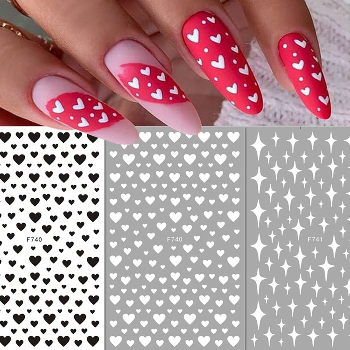3D Self-Adhesive Nail Stickers - Black Heart Love Nail Decals for Valentine's Day, Heart Star Nail Art Designs in Black, White & Red - 6 Sheets for Women's Manicure & Nail Decoration | Perfect for Parties, Weddings, Date Nights & Special Occasions