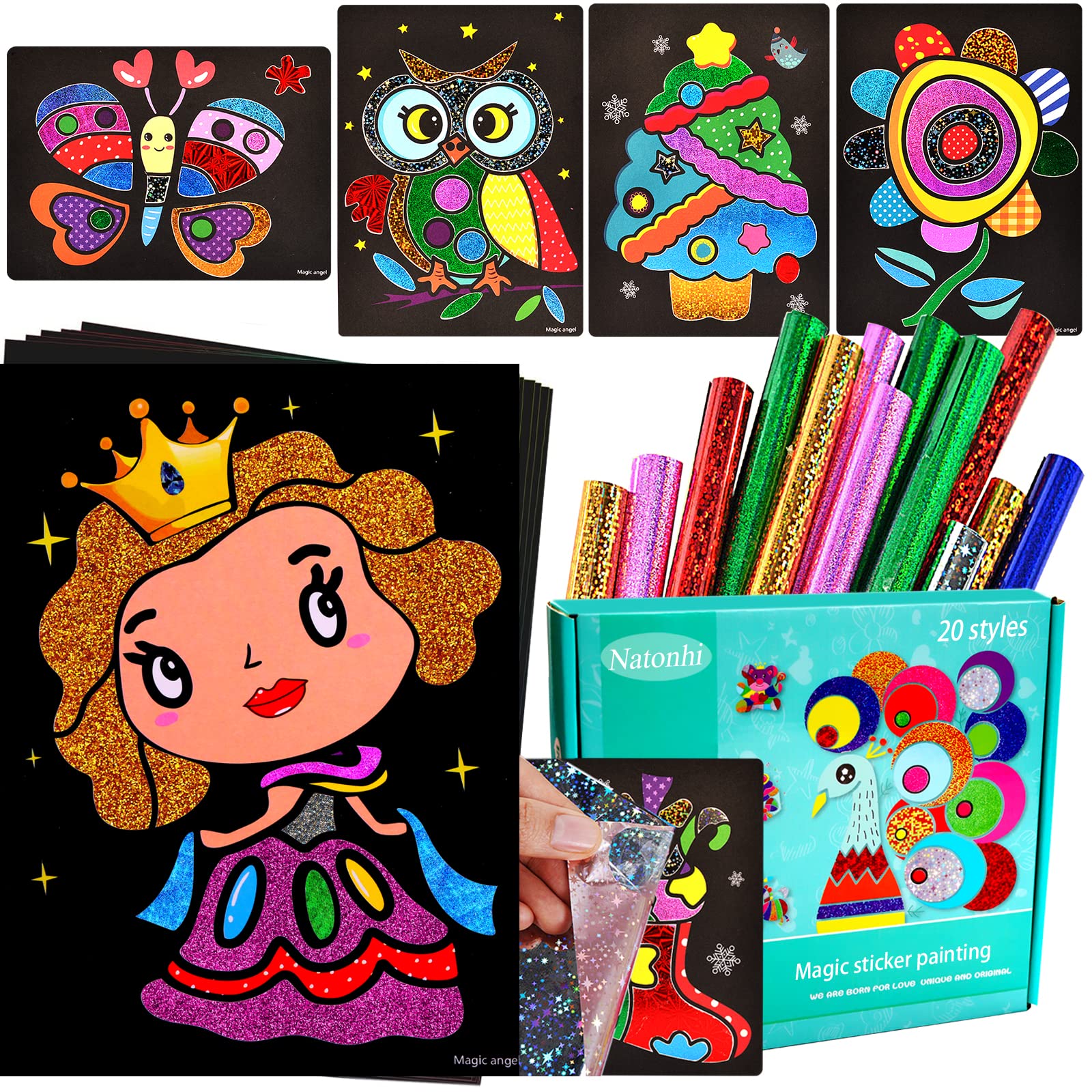 Natonhi Arts and Crafts Kit for Kids Ages 3-8 - 20 Fun Sticker Painting & Paper Craft Supplies for Toddlers, Preschool Boys & Girls - Perfect for Birthday Gifts, Classroom Activities & Creative Playtime