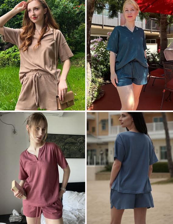Ekouaer Women's Waffle Knit Lounge Set - 2 Piece Short Sleeve Top & Shorts Pajama Set, Comfy Tracksuit Sweatsuit for Home, Sleep & Relaxation | Soft Casual Outfit for Lounging & Yoga