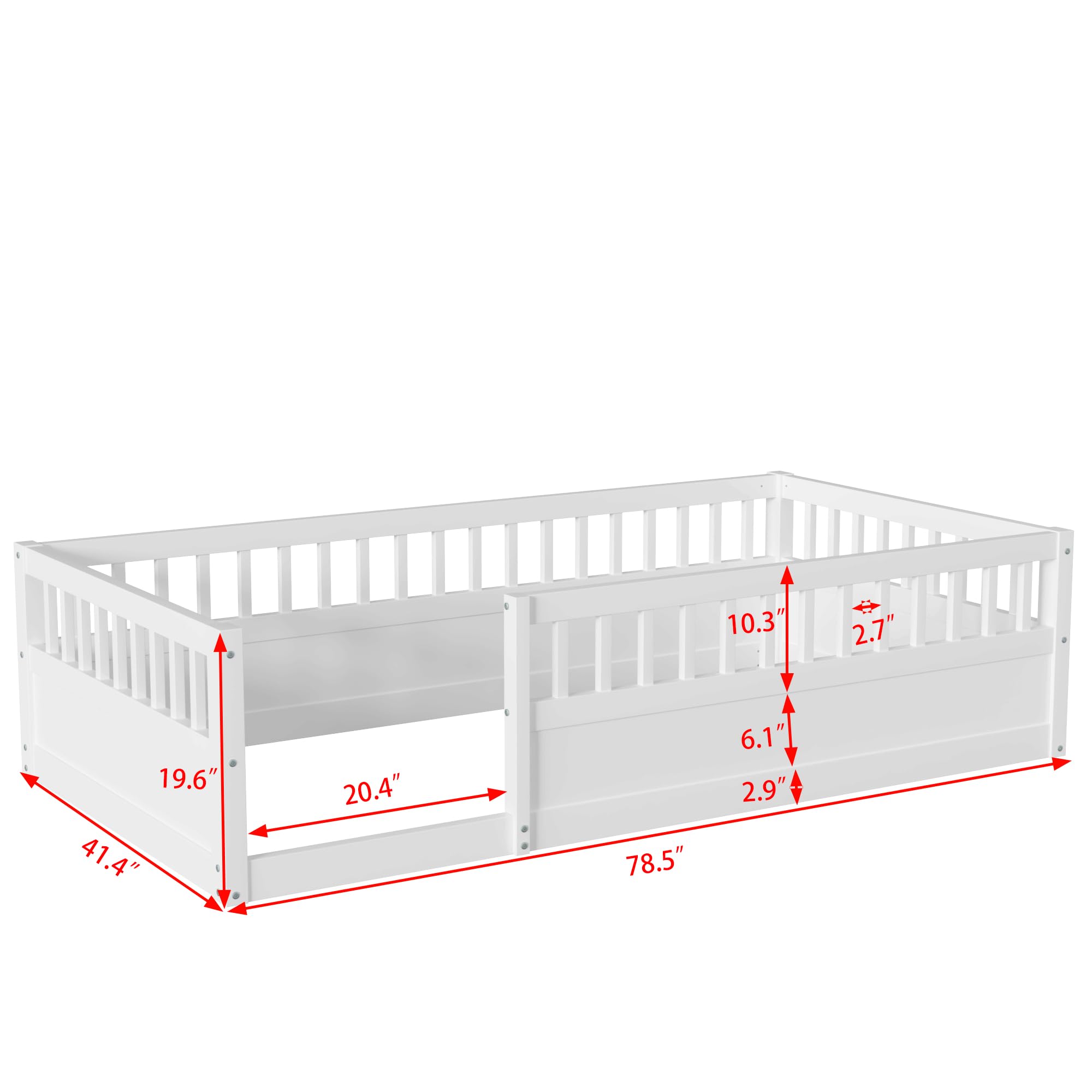 Bellemave Twin Size Montessori Floor Bed for Kids - Wooden Playhouse Bed with High Safety Railings for Baby Boys, Girls & Teens - No Slats Included (White) - Perfect for Montessori Rooms, Daycare Centers & Safe Toddler Sleep Spaces