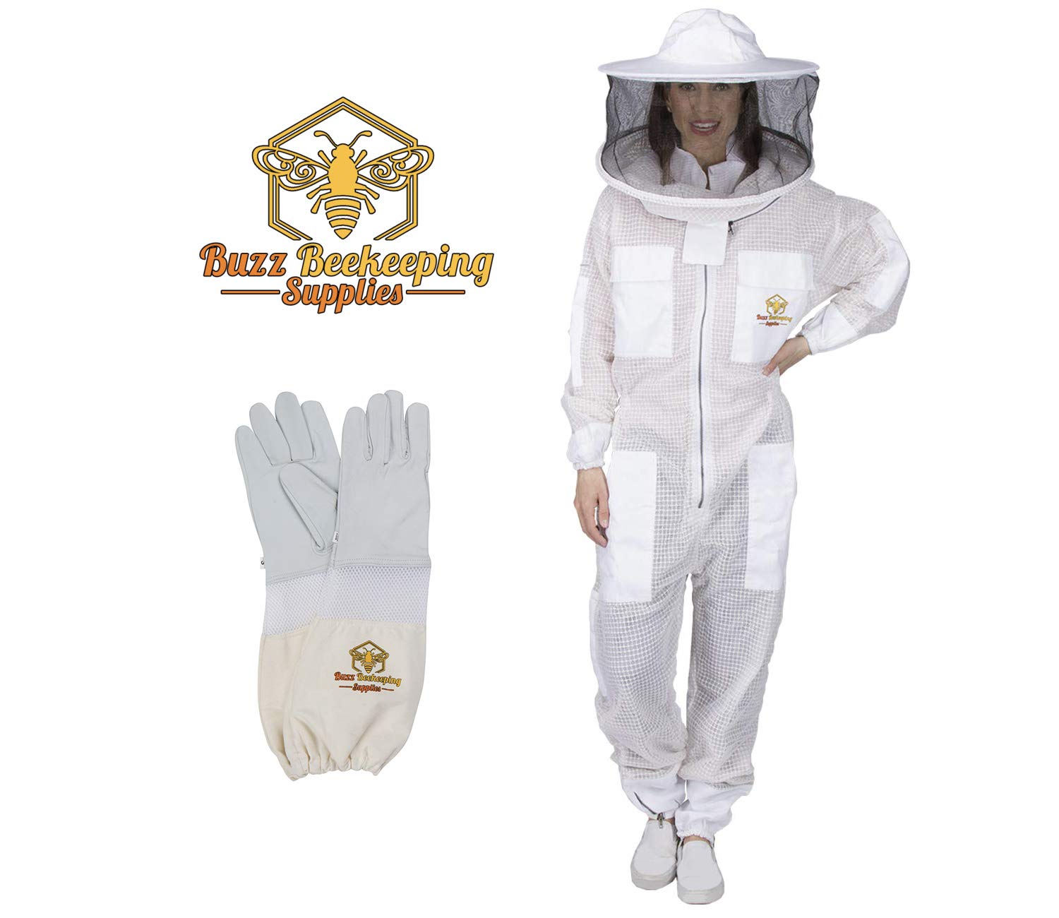 Premium Ventilated Beekeeping Suit with Goatskin Gloves & Bee Stickers - YKK Metal Zippers for Men & Women - Total Protection Beekeeping Gear with Self-Supporting Round Veil - 8 Pockets & Easy On/Off Design (XS) - Perfect for Beekeeping, Honey Harvesting & Apiary Work