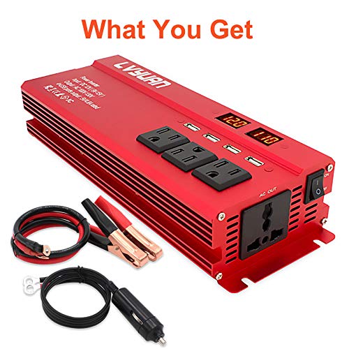 LVYUAN 1000W Power Inverter 12V DC to 110V AC Converter with 3.1A Dual USB Ports, 4 AC Outlets, Battery Clips & Cigarette Lighter Socket - Perfect for Road Trips, Camping, RV, Home & Emergency Power Backup