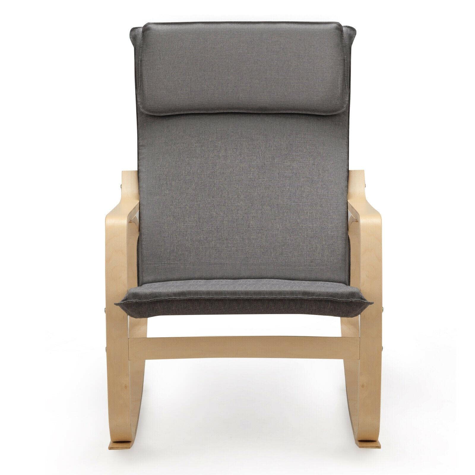 Modern Bentwood Rocking Chair - Gray Fabric Upholstered Lounge Rocker with Ergonomic Design for Living Room, Nursery, or Patio Relaxation | Comfortable Recliner for Reading, Nursing & Camping