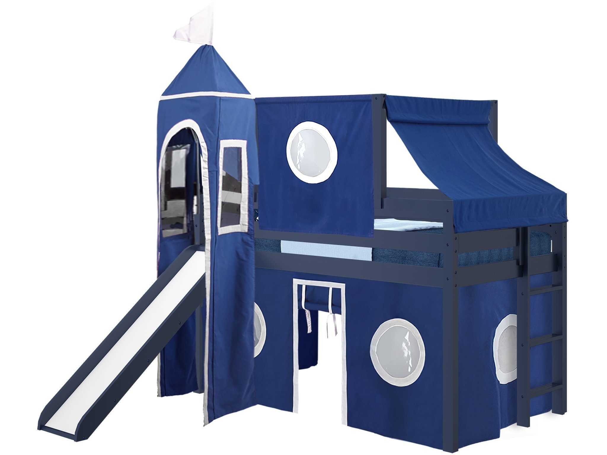Blue and White Twin Low Loft Bed with Slide & Play Tent - Perfect for Kids' Bedrooms, Playrooms, and Small Spaces