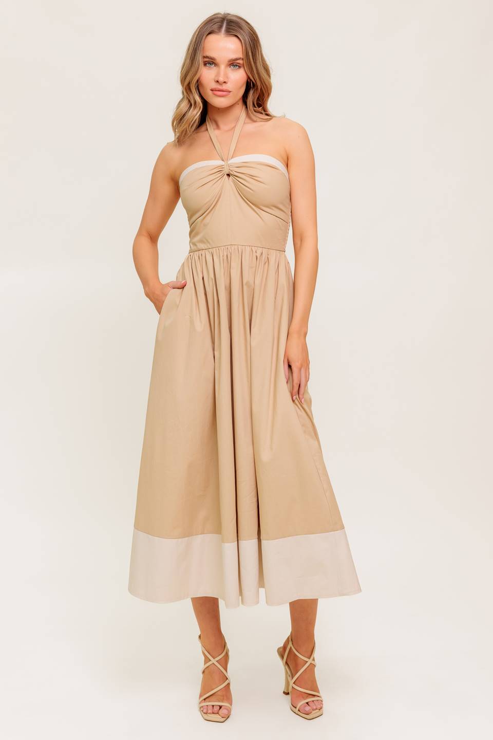 Hydrangea Haze Halter Midi Dress in Taupe - Perfect for Summer Weddings, Beach Vacations & Date Nights