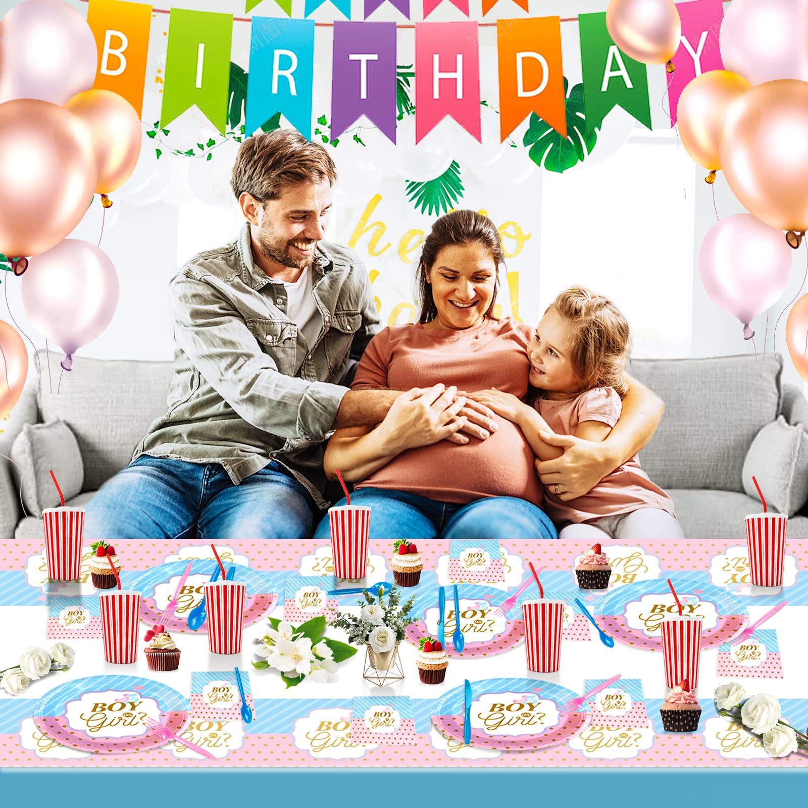 97-Piece Gender Reveal Party Supplies Set - Blue or Pink Plates, Napkins, Forks & Decorations for Baby Shower | Perfect for 16 Guests | Ideal for Gender Reveal Parties, Baby Showers & Birthday Celebrations