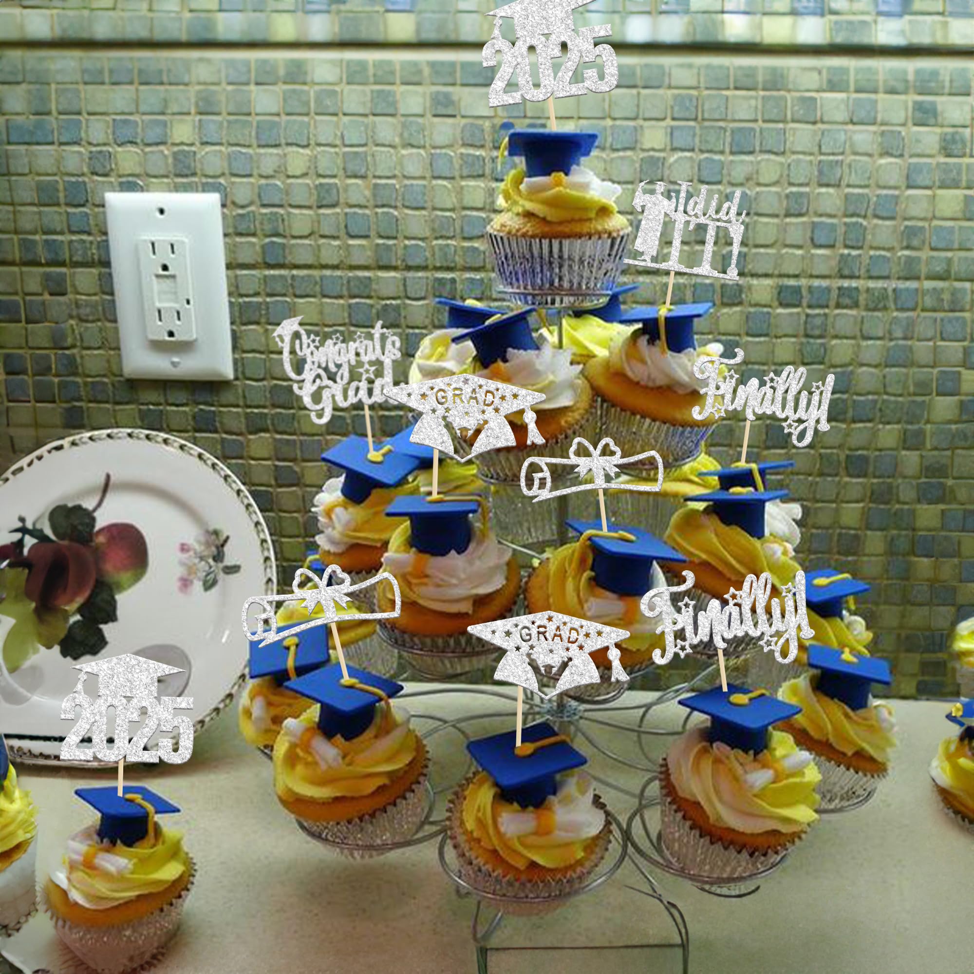 24 PCS 2025 Graduation Cupcake Toppers - Glitter Graduation Cap & Diploma Cake Decorations - Congrats Grad Finally I Did It - Silver Theme Party Supplies for Graduation Celebrations, School Parties & Dessert Decorating