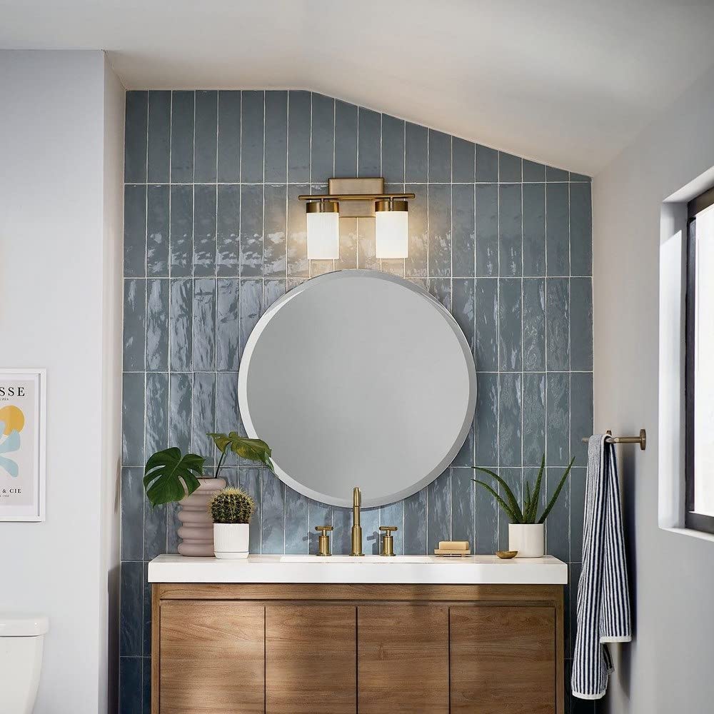 Kichler Ciona 14.5 Inch 2-Light Bathroom Vanity Light Fixture with Round Ribbed Glass Shades in Polished Nickel Finish - Perfect for Modern Bathroom, Powder Room, and Dressing Room Lighting