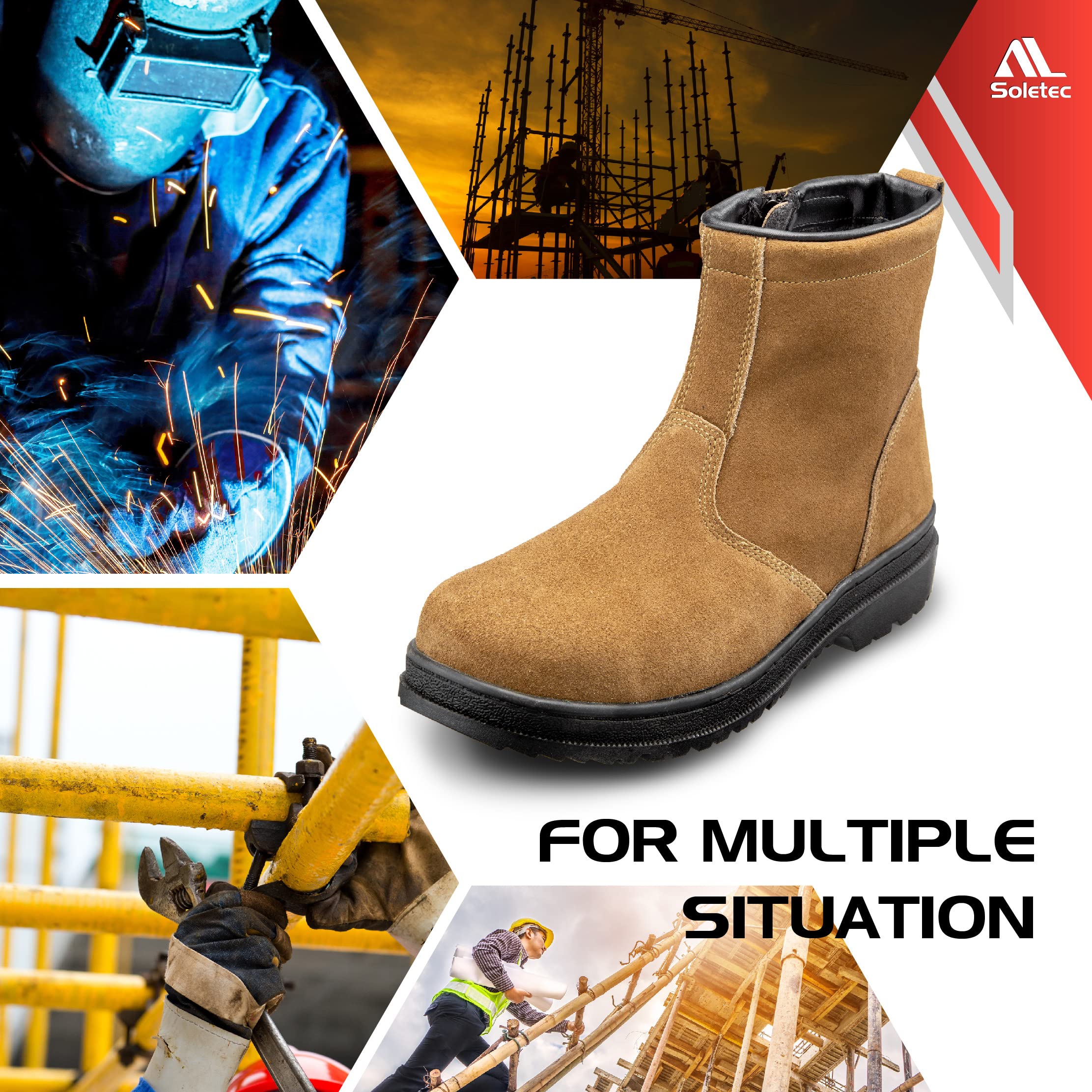 Steel Toe Work Boots for Men & Women - Chelsea Style Industrial Safety Shoes with Oil Resistant Outsole & Side Zip - 7.5 Inch Construction Boots for Workplace, Warehouse & Outdoor Work