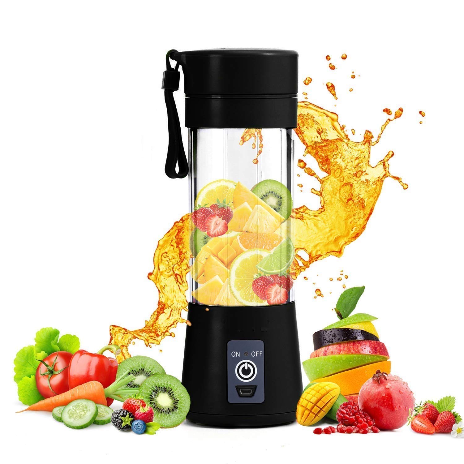 Portable USB Personal Blender for Smoothies & Shakes - Mini Travel Blender with 6 Blades, Rechargeable, 380ml (Black) - Perfect for Gym, Office & On-the-Go Healthy Drinks