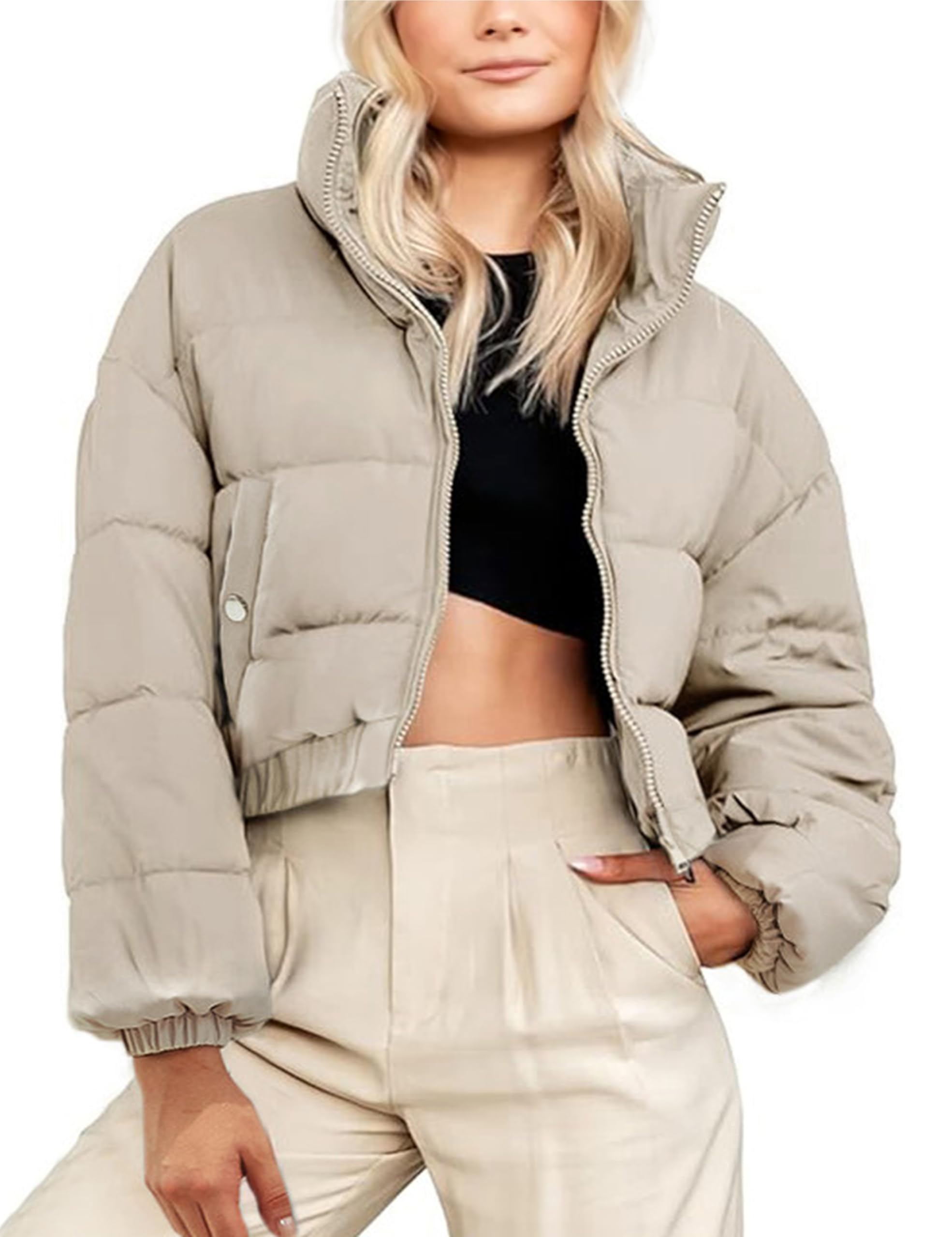 Hooever Women's Cropped Puff Jacket - Winter Stand Collar Quilted Bubble Coat with Full Zipper | Warm Outerwear for Casual Outings, Street Style & Cold Weather Fashion