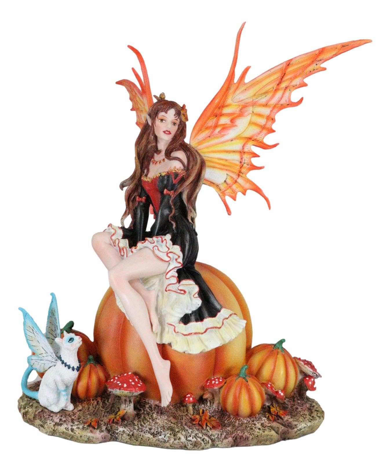 Ebros Gift Nene Thomas Fall Autumn Tribal Fairy Godmother Statue with Pumpkins & Winged Cat - Fantasy Mythical Fairy Magic Watercolor Collectible Figurine - Perfect for DIY Fairy Garden, Home Decor, and Gift Giving