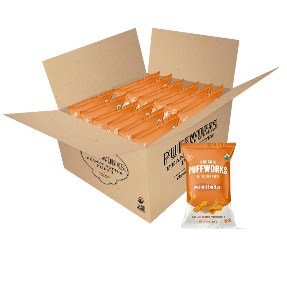 Organic Peanut Butter Puffs - Vegan, Gluten-Free, Kosher Protein Snack - Plant-Based, Non-GMO, No Rice - 1.2oz (12 Pack) - Perfect for On-the-Go, School Lunches & Healthy Snacking