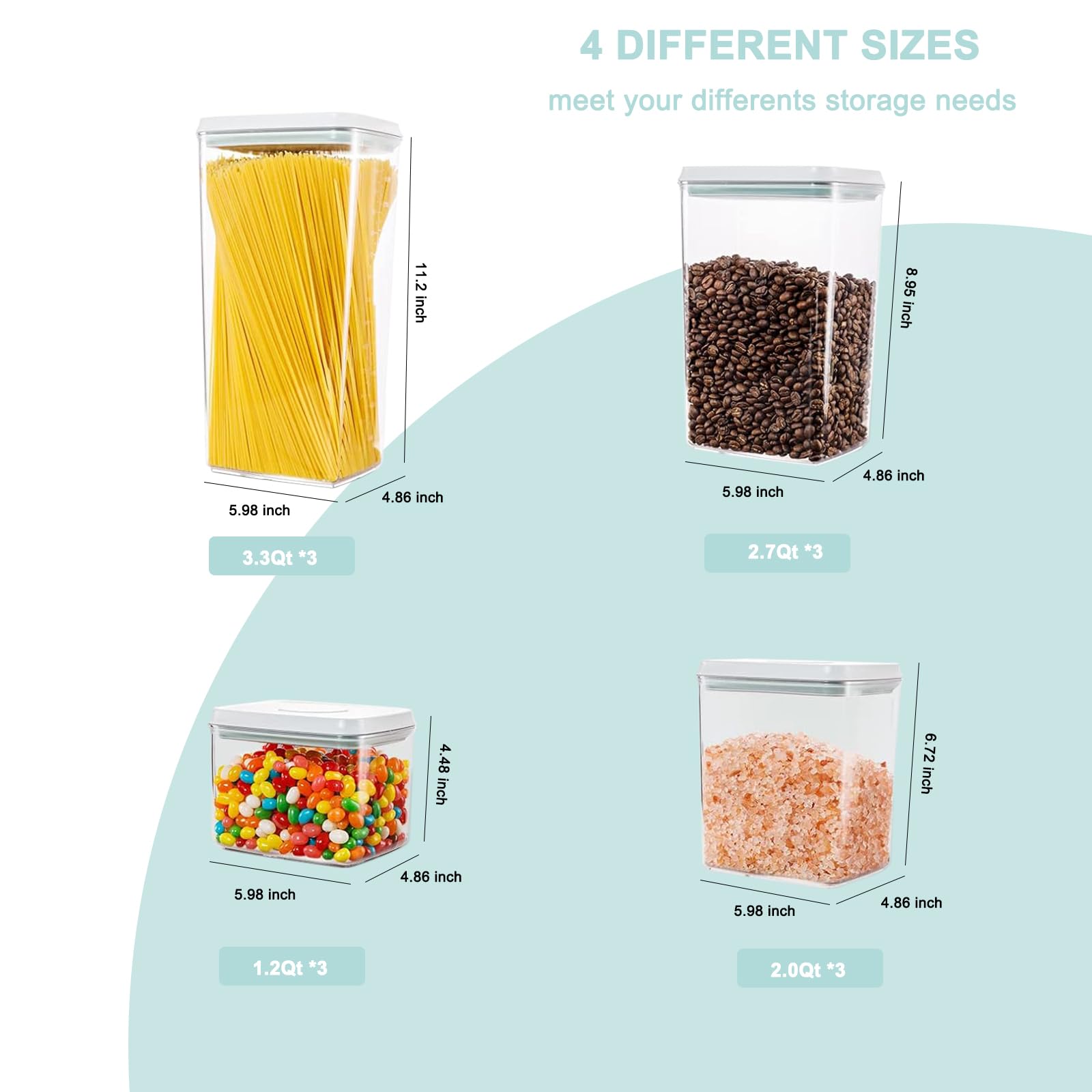 BPA-Free Airtight Food Storage Containers with Lids - 12-Piece Stackable Kitchen Pantry Organizers for Snacks, Candy, Salt, Herbs & Spices (1.2QT, 2QT, 2.7QT, 3.3QT x3) - Perfect for Meal Prep & Bulk Food Storage