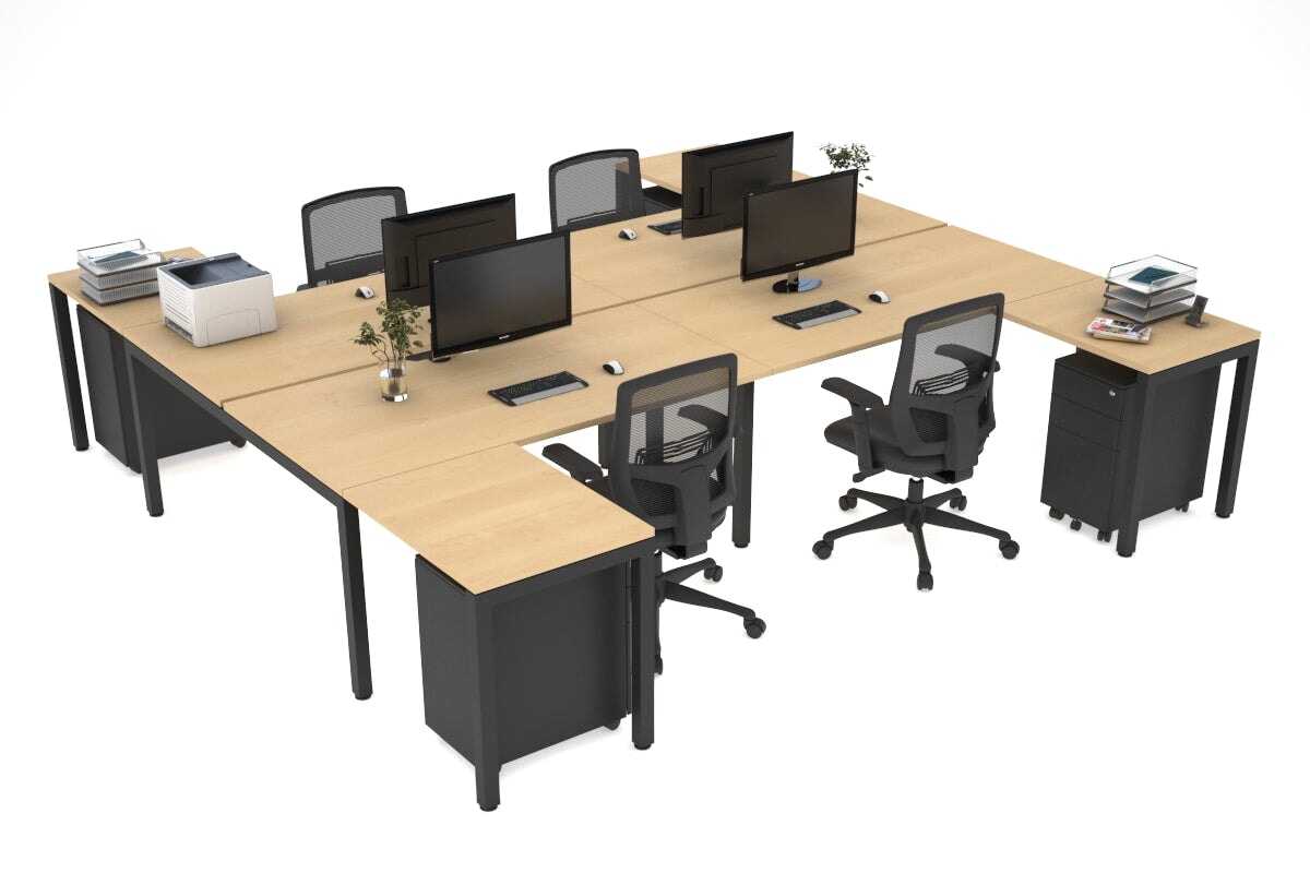 Quadro Square Legs 4-Person Corner Workstation - H Configuration Black Frame (1600L x 1800W with Cable Scallop) | Office & Conference Room Furniture for Collaborative Workspaces