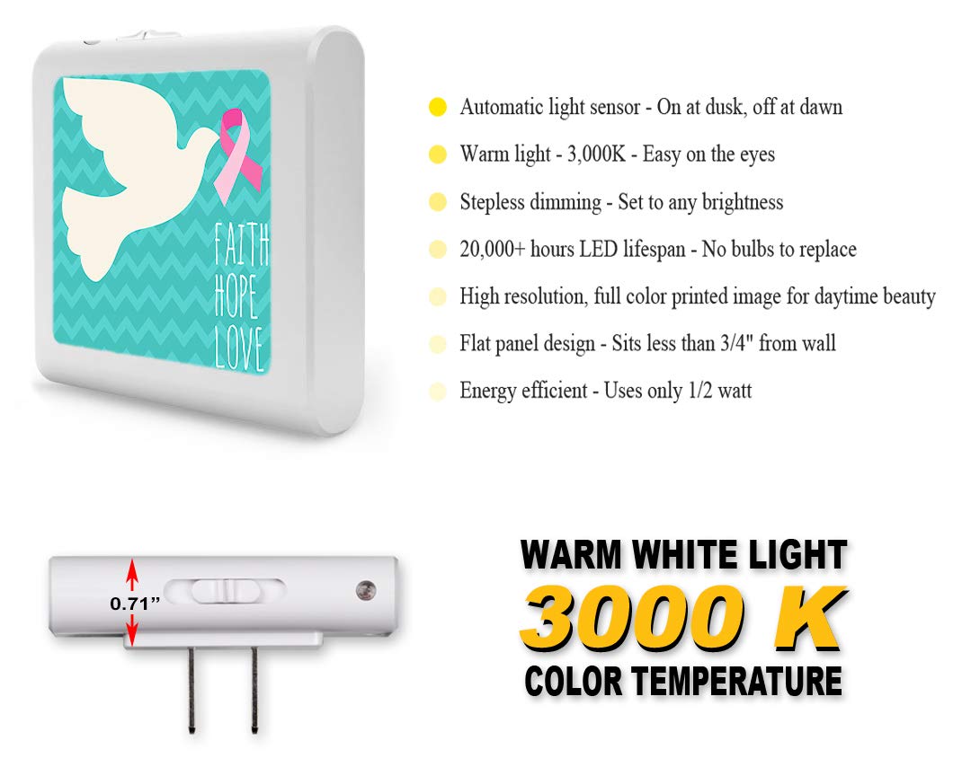 Dimmable LED Night Light with Auto On/Off Sensor - Adjustable Brightness, Warm White Light for Bathroom, Hallway, Nursery & Bedroom - Perfect for Nighttime Safety & Comfort - Cancer Awareness (Faith, Hope, Love) - Ideal for Kids Rooms, Stairways & Elderly Care