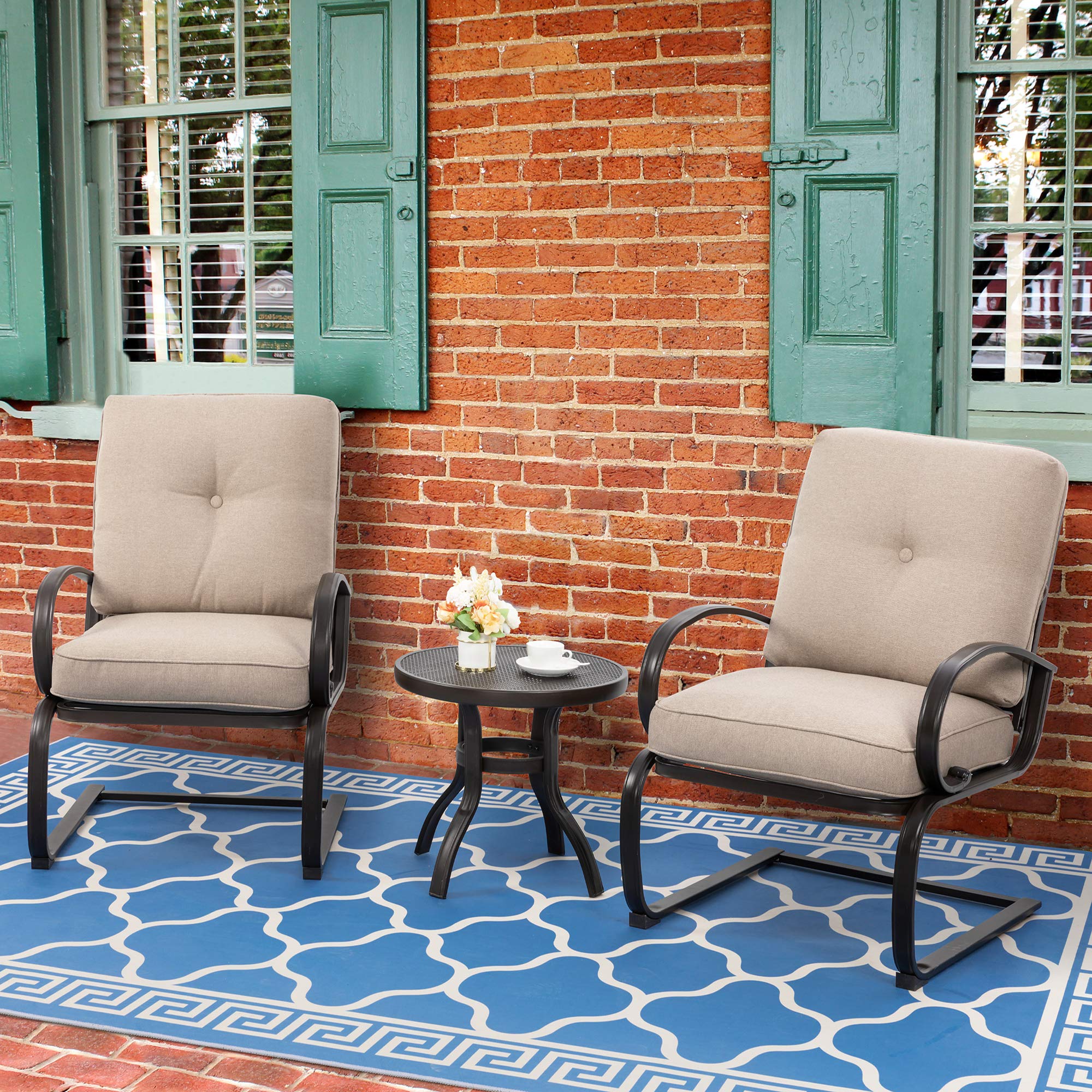 3-Piece Outdoor Patio Bistro Set with Spring Motion Chairs & Round Table - Steel Frame Conversation Furniture with Cushions (Beige) - Perfect for Garden, Balcony, and Indoor Lounge Areas