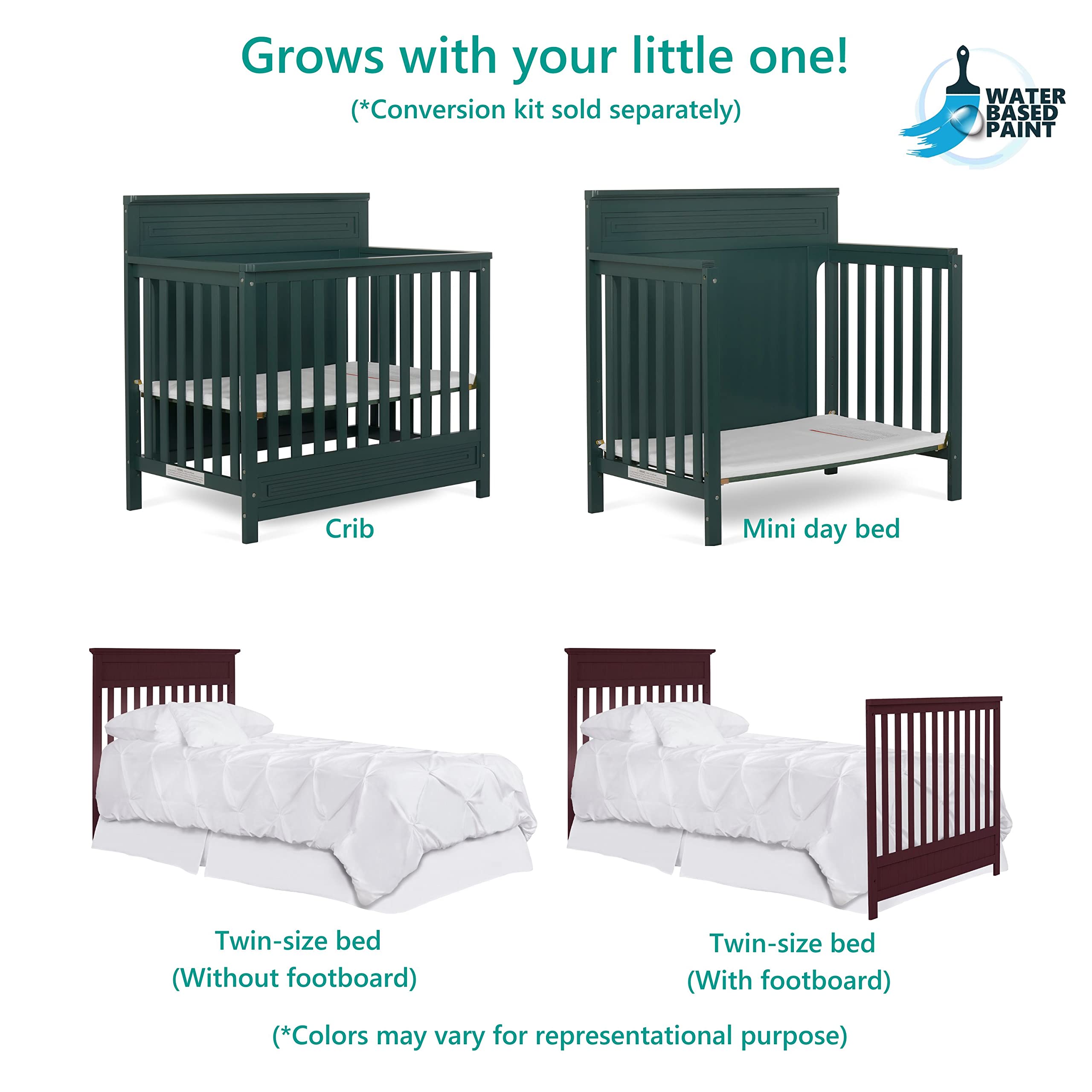Dream On Me Harbor 4-in-1 Convertible Mini Crib - Solid Pinewood, JPMA Certified, Water-Based Paint Finish (Olive Green) | 3 Adjustable Mattress Heights | Perfect for Nursery, Small Spaces & Travel | Safe Baby Bed for Newborns to Toddlers