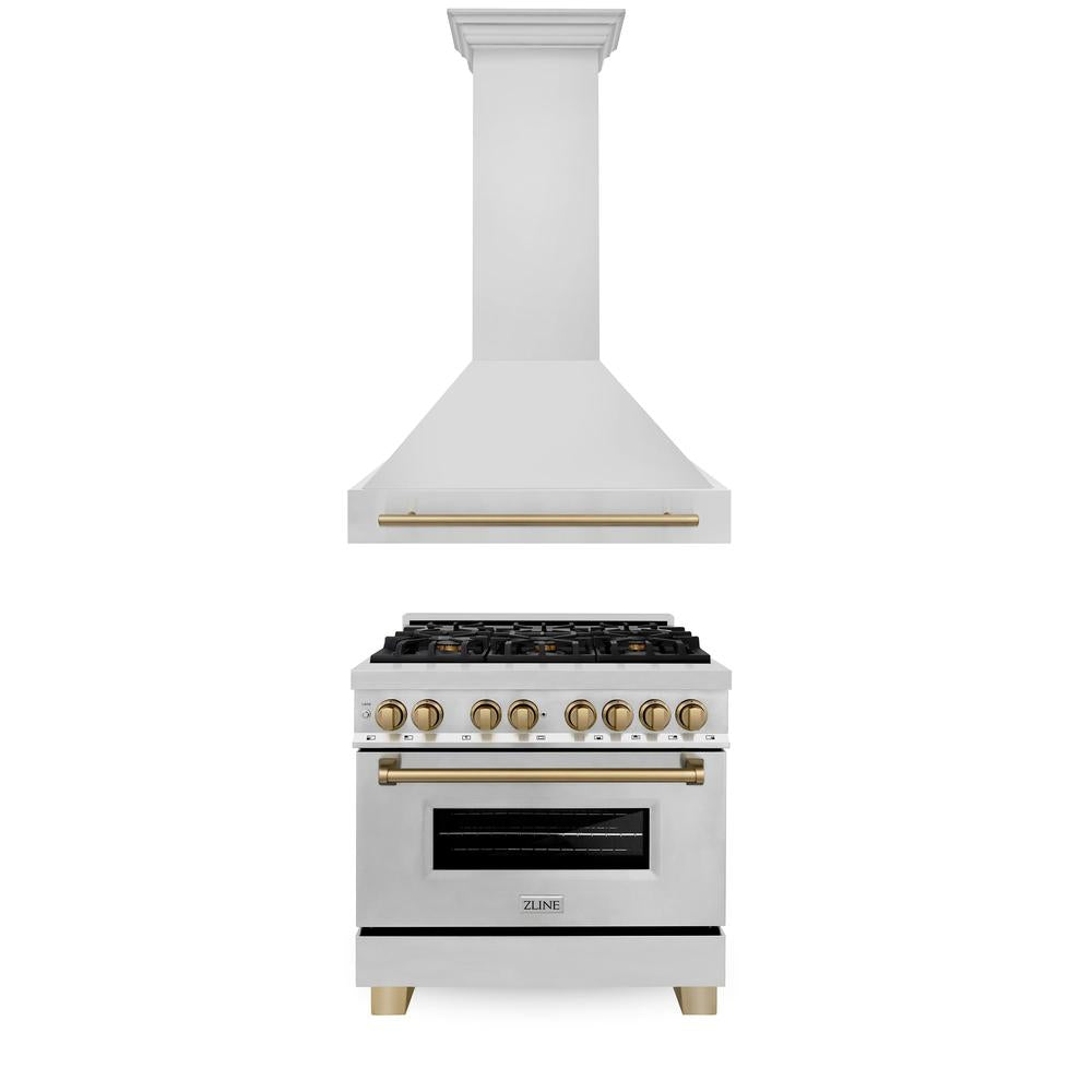 ZLINE Autograph Edition 36-inch Stainless Steel Dual Fuel Range & Range Hood Kitchen Package with Champagne Bronze Accents (2AKP RARH36 CB) - Perfect for Gourmet Cooking & Modern Kitchen Design