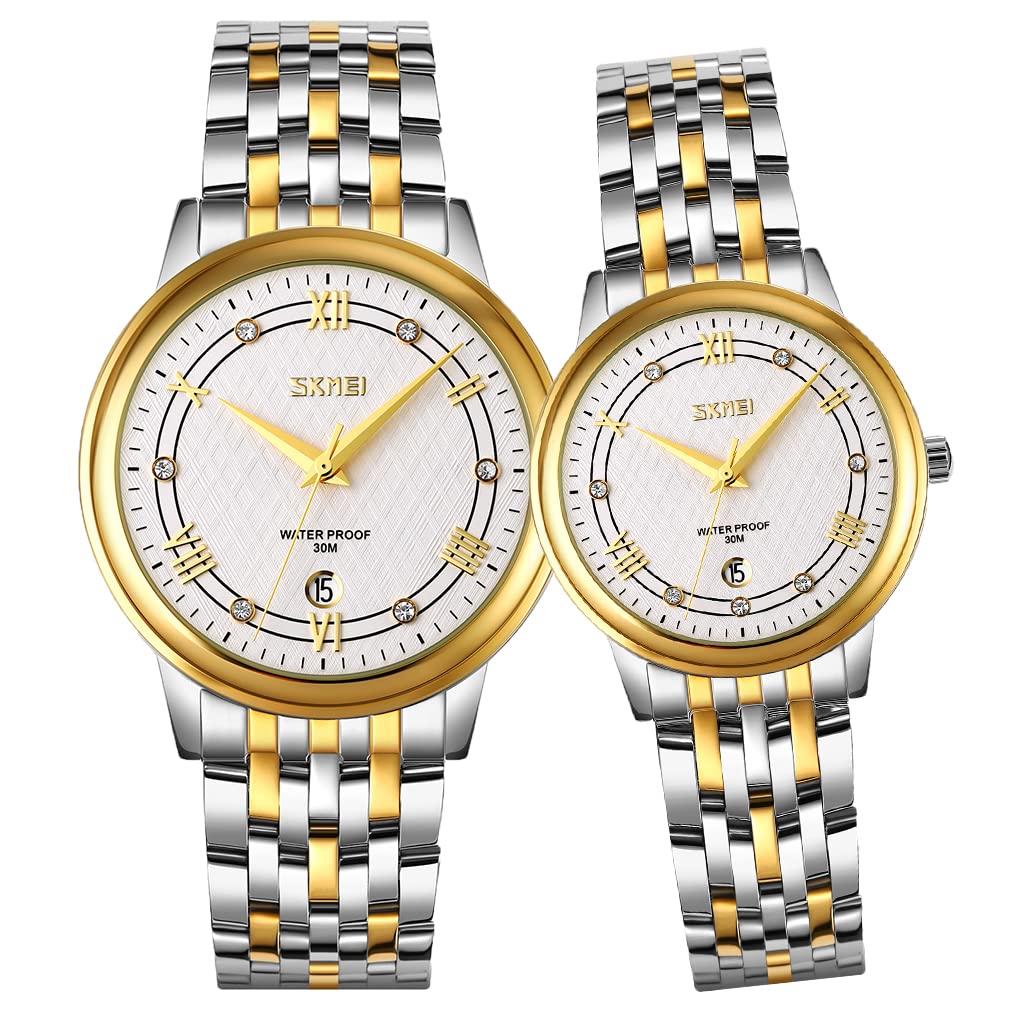 His and Hers Matching Watches for Couples - Luxury Stainless Steel Waterproof Analog Quartz Wristwatch Set - Perfect Valentine's Day, Wedding & Anniversary Gifts for Husband & Wife - Business, Date Night & Special Occasions
