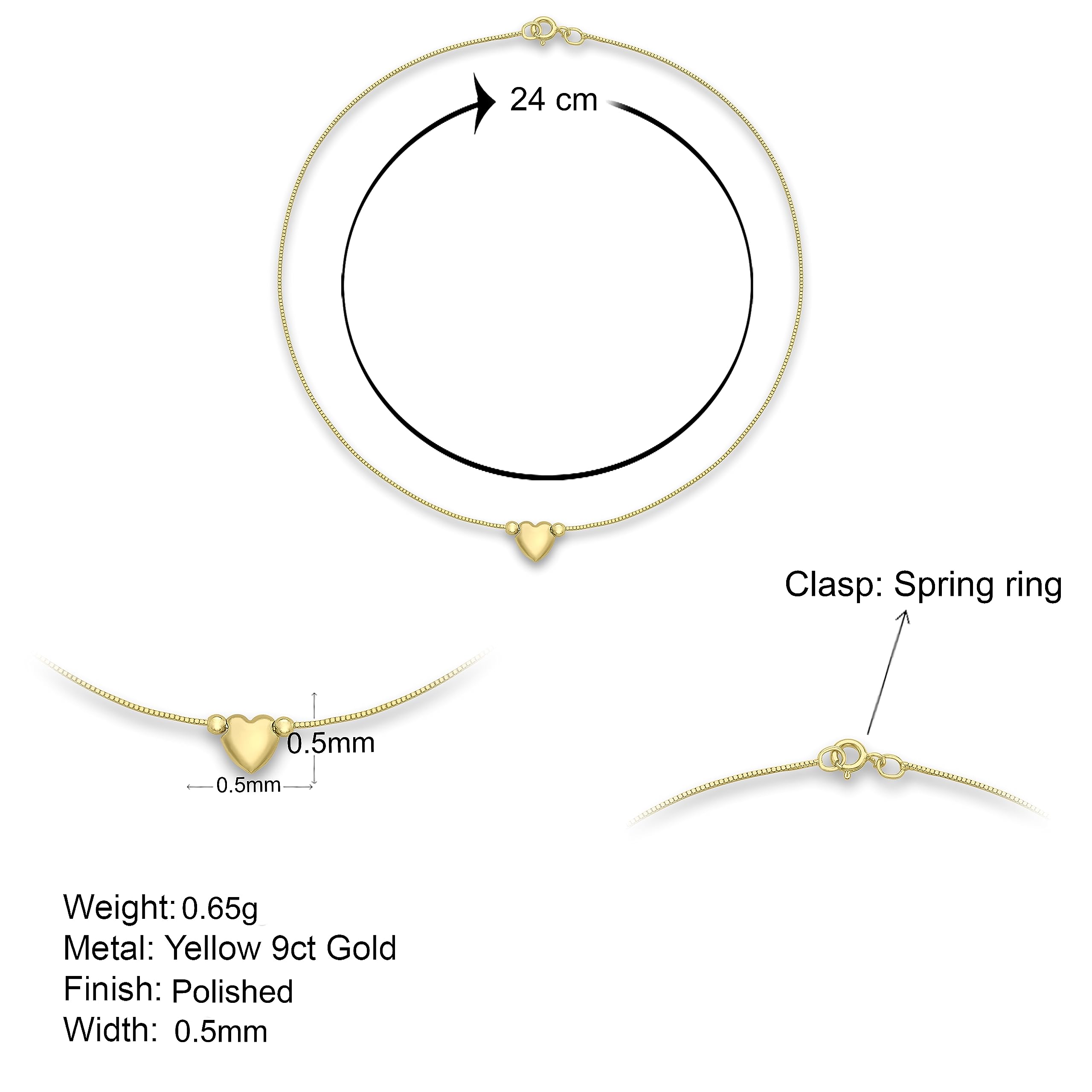 Carissima 9ct Yellow Gold Heart Charm Box Chain Anklet - 24cm/9.5