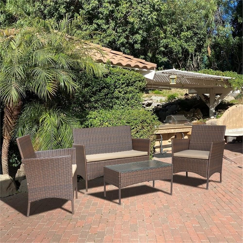 Jeco W00609-E Conor 4-Piece Steel Espresso Resin Wicker Patio Conversation Set with Tan Cushions - Outdoor Furniture for Garden, Deck, Poolside & Backyard Relaxation