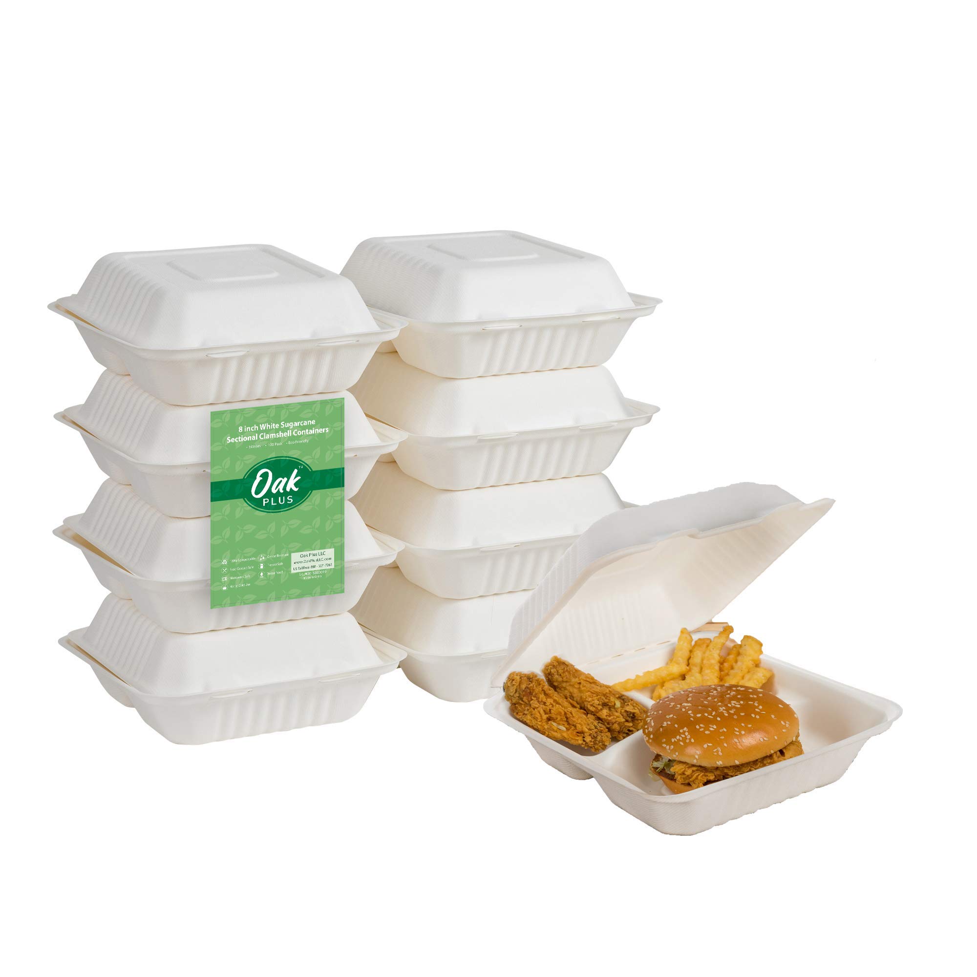 Eco-Friendly 8x8 3-Compartment Compostable Takeout Containers (300-Pack) - Glitzhome Oak Plus Sugarcane Fiber Clamshell Food Boxes with Lids | Microwave Safe Meal Prep & Storage Containers | Perfect for Restaurants, Catering, Food Delivery & Home Meal Prepping