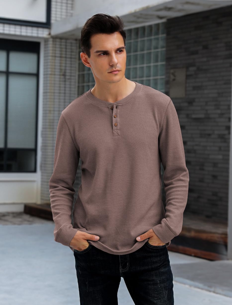 Men's Waffle Long Sleeve Henley Shirt - Soft Cotton Casual Button-Up Top for Fall & Winter | Perfect for Layering, Outdoor Activities & Everyday Wear