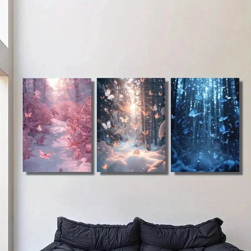 3Pcs Butterfly Poster in Forest - Blue & Pink Metal Print Wall Art Ready to Hang - Perfect for Living Room, Bedroom & Office Decor