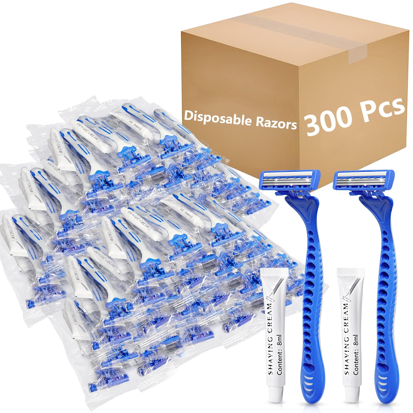 300 Pack Kheoxusa 3-Blade Disposable Razors - Individually Wrapped Triple Blade Shavers for Men & Women | Perfect for Travel, Hotels, Airbnb, Gyms, Shelters & Personal Hygiene Care
