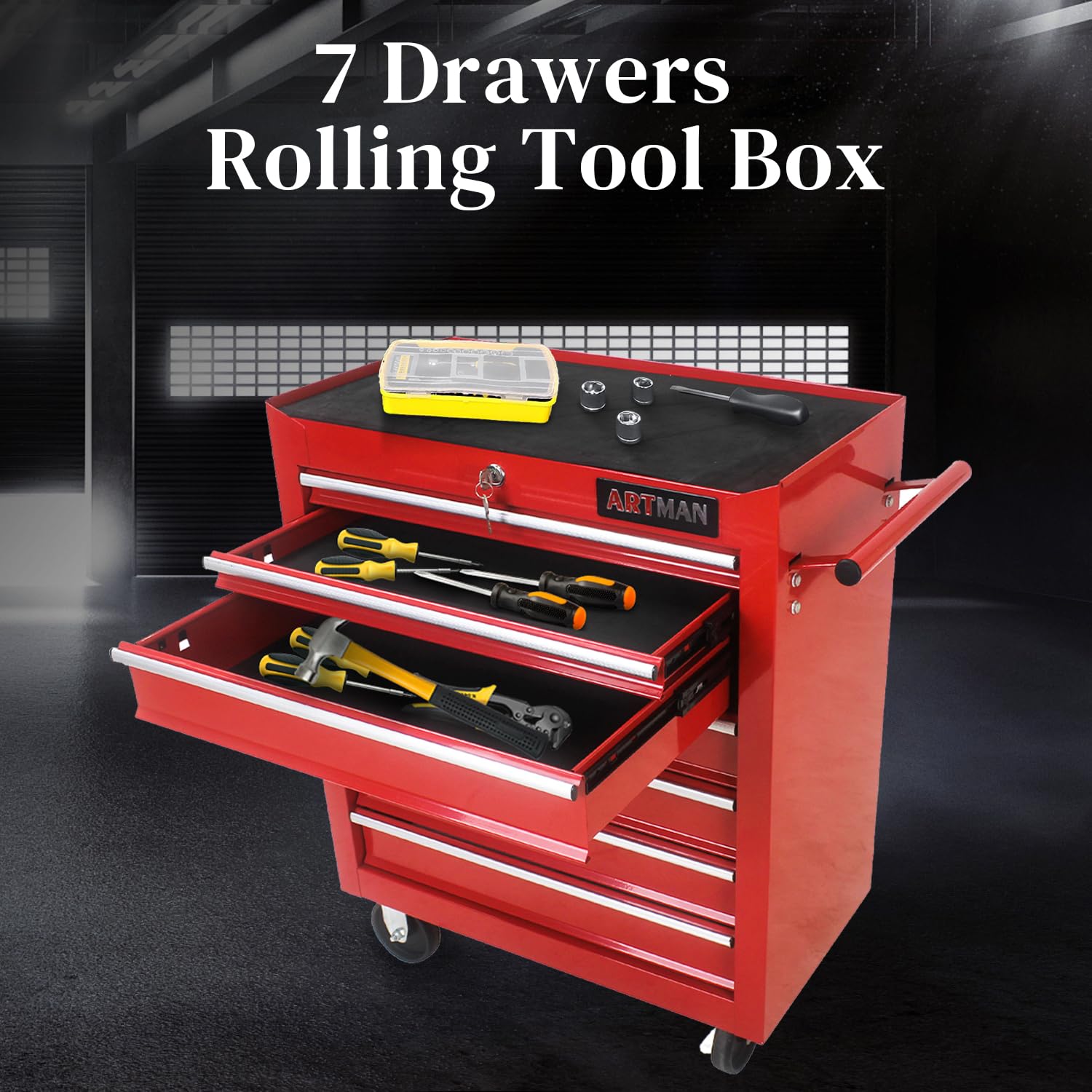 7-Drawer Rolling Tool Chest with Wheels - Heavy Duty Multifunctional Tool Cart for Mechanics - Garage, Workshop & Repair Shop Storage Cabinet (Red) - Perfect for Organizing Tools, Auto Repairs & DIY Projects