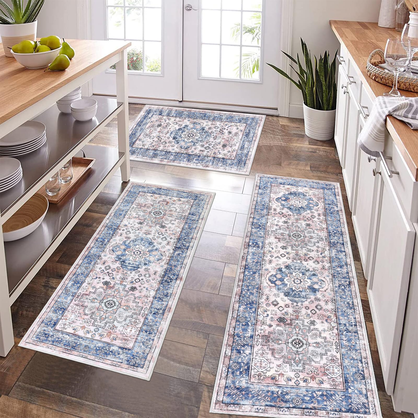 Premium Non-Slip Washable Kitchen Rugs Set of 3 - Farmhouse Style Boho Floor Mats for Kitchen Sink, Hallway & Laundry Room - Anti-Fatigue Cushioned Carpet Runner - Blue Home Decor (Perfect for High-Traffic Areas & Spill-Prone Spaces)