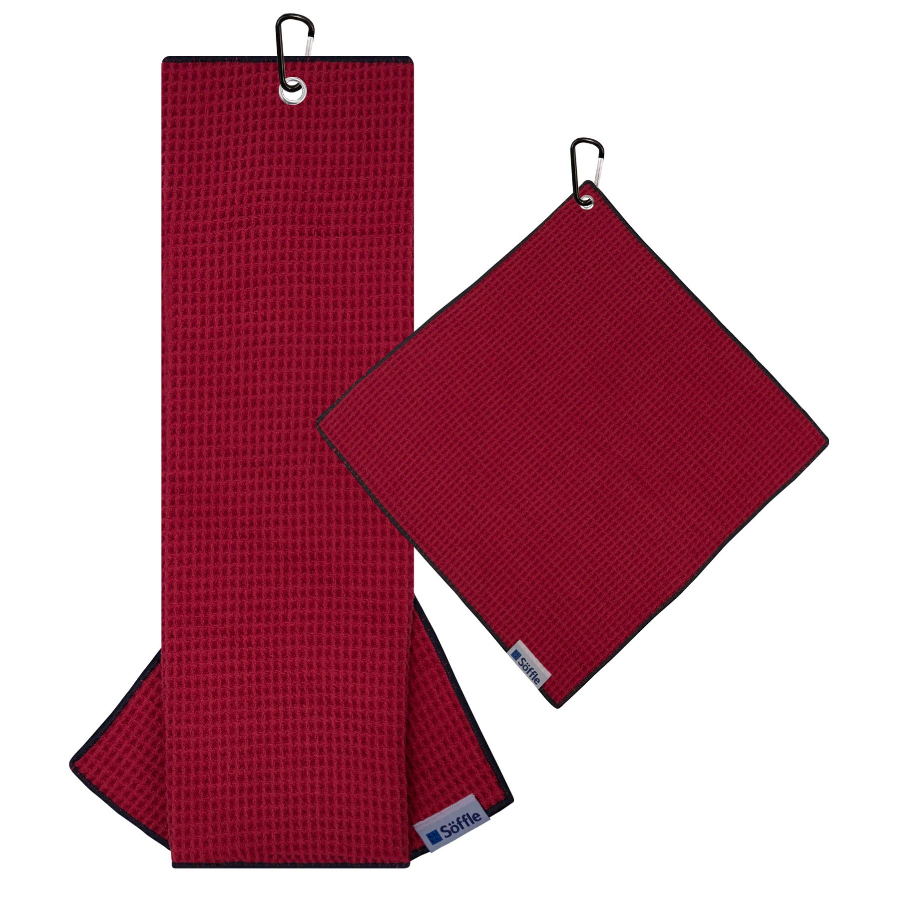 Premium Waffle Golf Towels Combo Set - Tri-Fold Microfiber Towel with Clip (16”x16”) - Red & Black - Perfect for Golf, Gym, Sports & Outdoor Activities