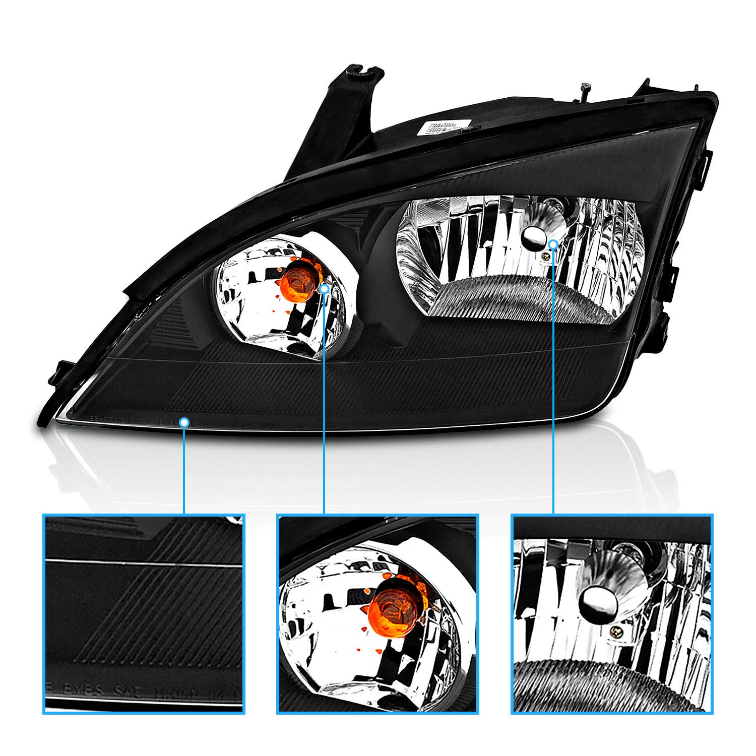 AmeriLite Replacement Headlights for Ford Focus ZX4 - Black 4-Door LED Headlamps (Passenger & Driver Side) | Improved Night Visibility & Style Upgrade
