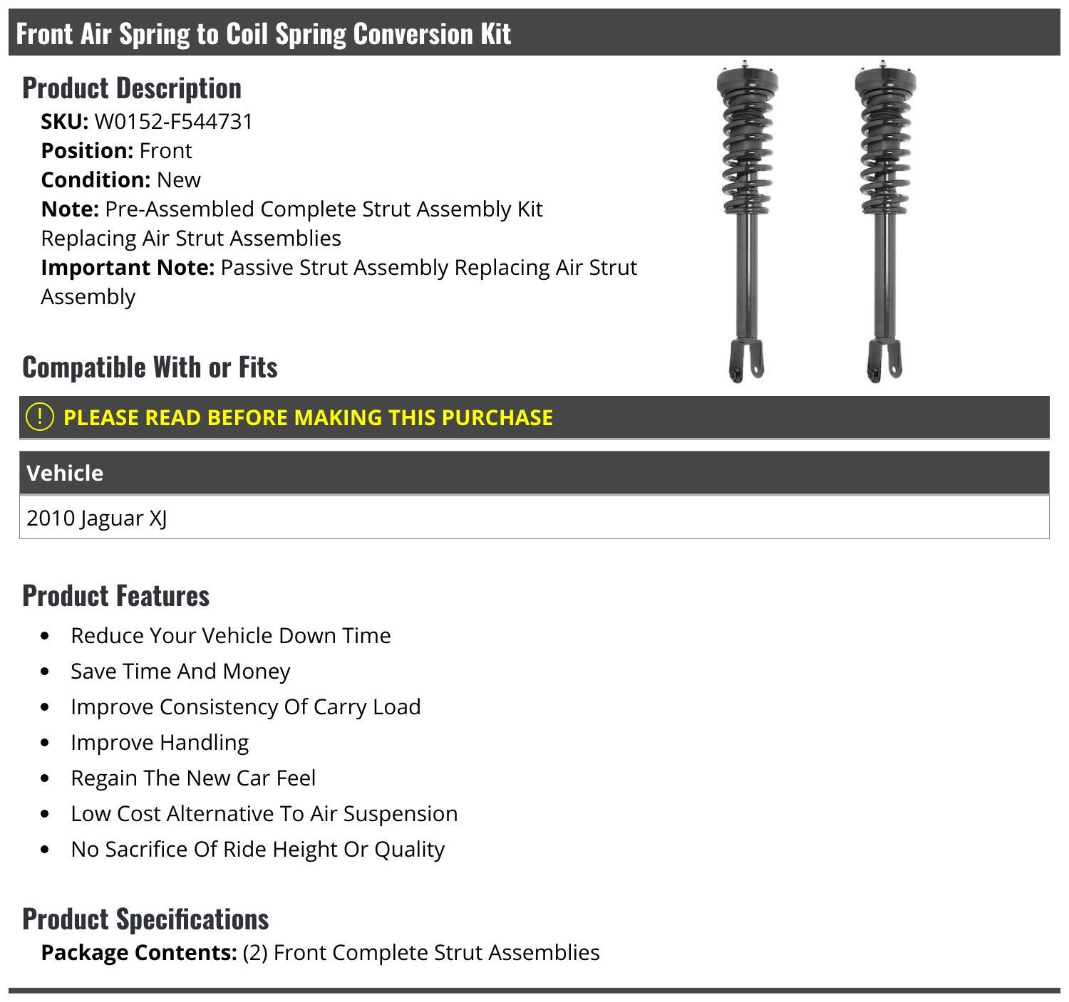 Jaguar XJ Front Air Spring to Coil Spring Conversion Kit - Compatible with 2010 Models | Suspension Upgrade for Smoother Ride & Enhanced Performance