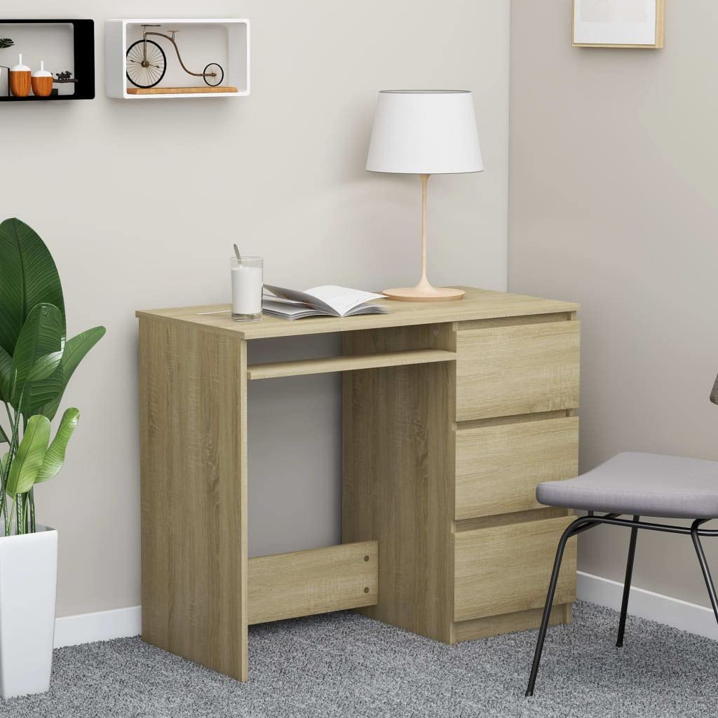 Modern 3-Drawer Computer Desk - Sonoma Oak Finish, 35.4