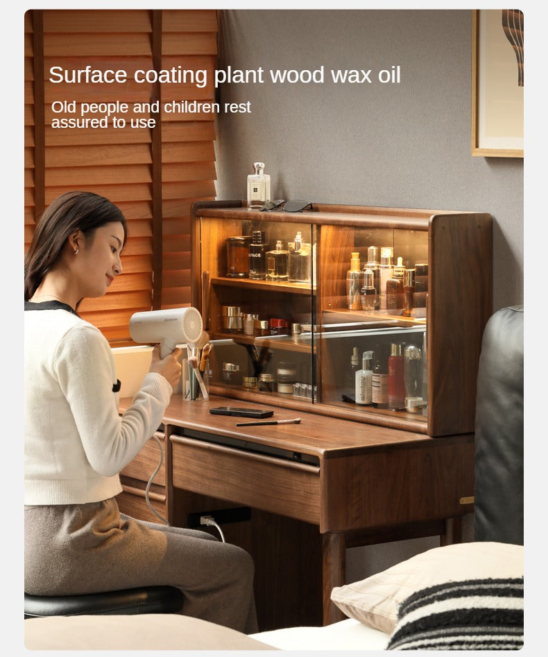 Luxury Black Walnut Solid Wood Vanity Dressing Table with Mirror - Perfect for Bedroom, Makeup & Beauty Organization