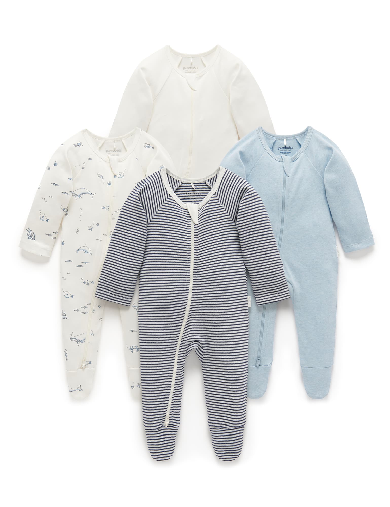 Purebaby Organic Zip Growsuit 4 Pack - Vanilla Nautical Print Baby Romper for Newborns & Infants | Soft Cotton Onesies for Daycare, Playtime & Sleepwear