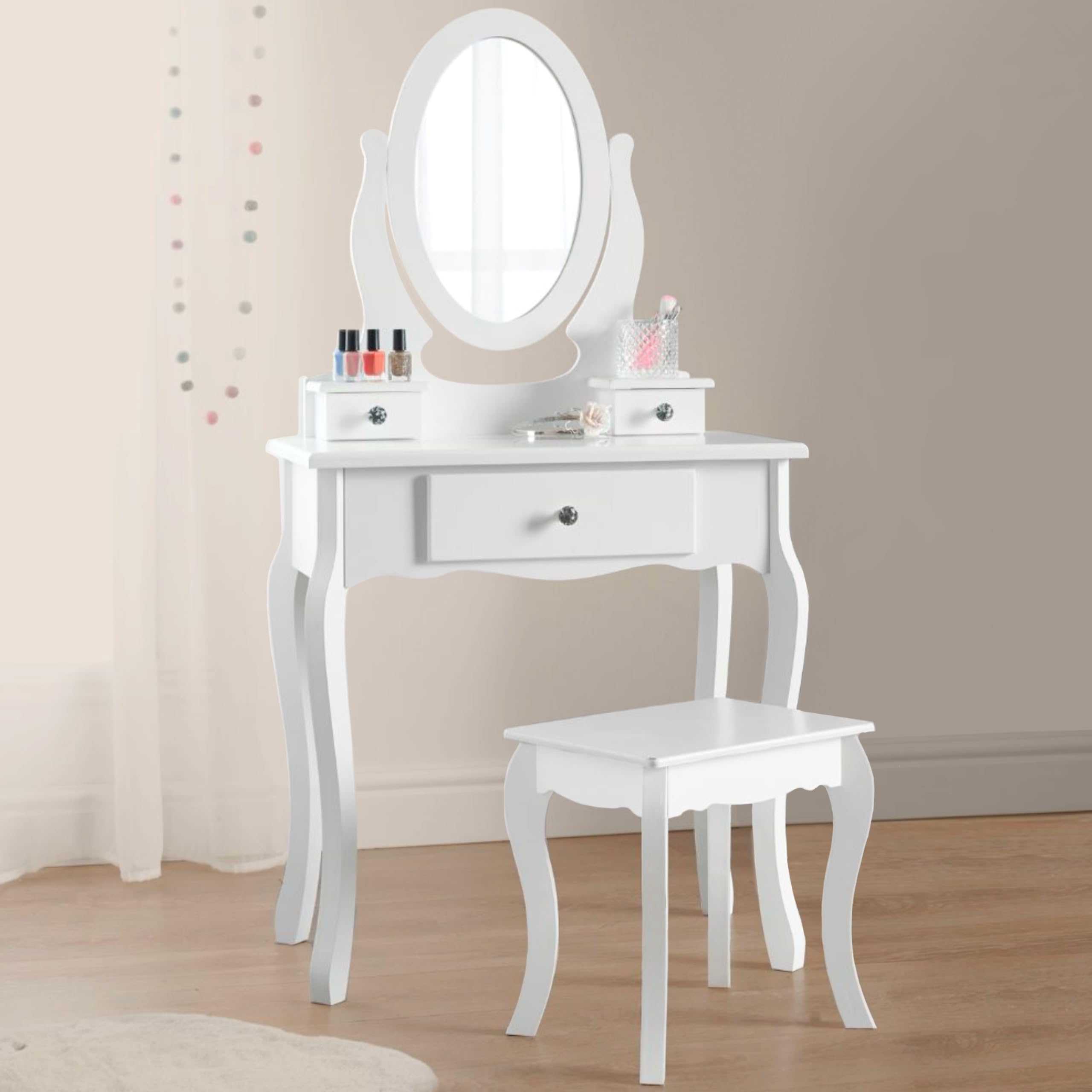 Girl's Wooden Makeup Vanity Set with Stool & Mirror - Birthday Gift for Ages 8-13, Perfect for Bedroom Decor