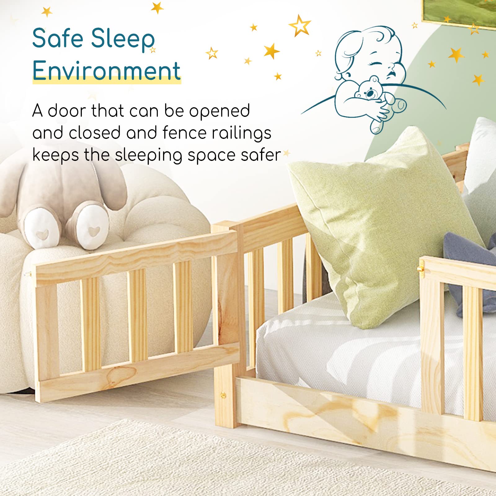 Twin Size Montessori Floor Bed with Safety Guardrails & Slats - Sturdy Wood Toddler Bed Frame for Girls & Boys - Perfect for Kids Room, Daycare or Montessori Classroom